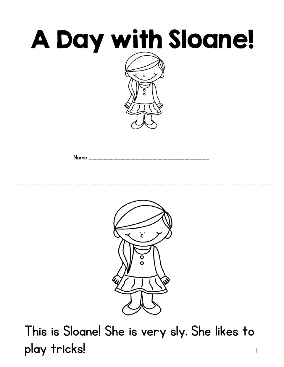 Mini reader cover, 'A Day with Sloane!', and story page 1 introducing Sloane as sly and fond of tricks