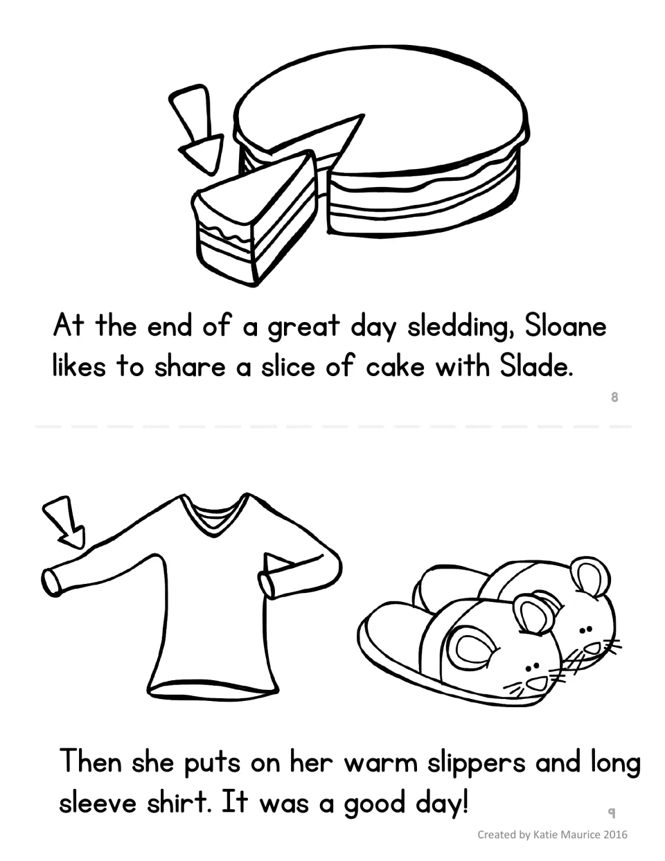Sloane mini reader pages 8–9: she shares a slice of cake with Slade, then puts on slippers and a long sleeve shirt