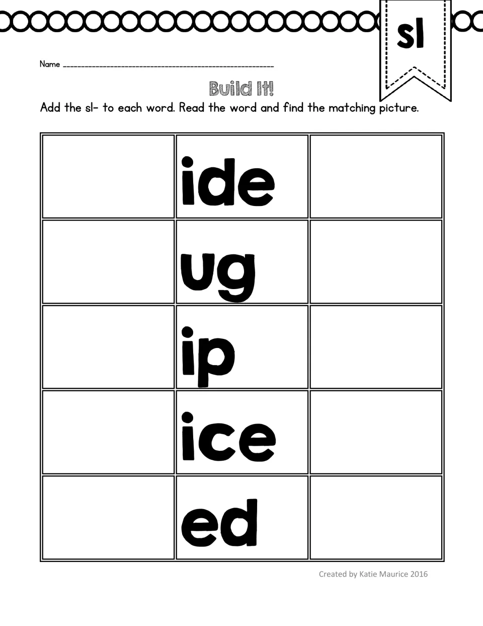 Build It! sl-blend activity: add sl to ide, ug, ip, ice, and ed, then read each word and match its picture