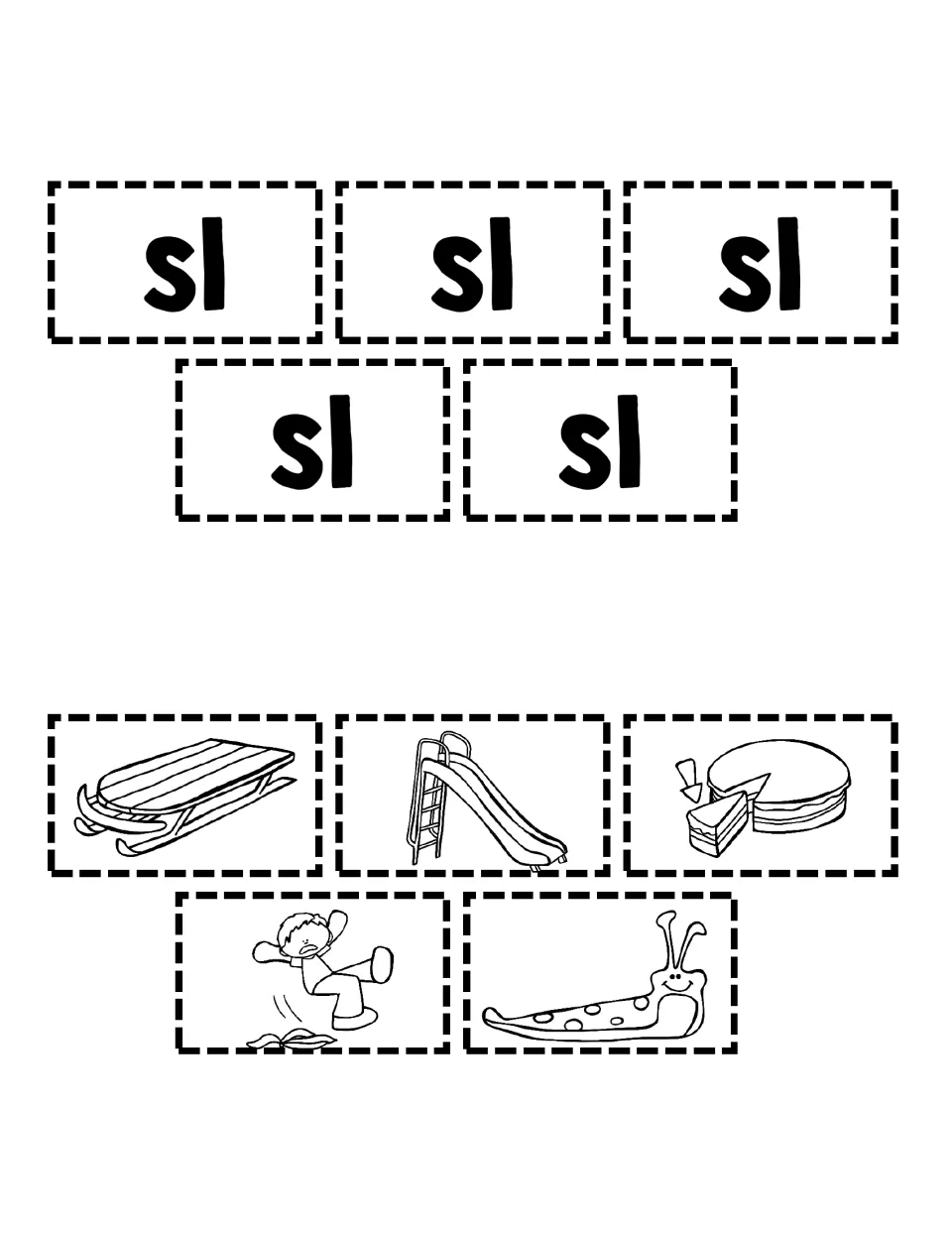 Cutouts for the sl-blend building activity: five sl pieces and pictures of a sled, slide, slice, slip, and slug