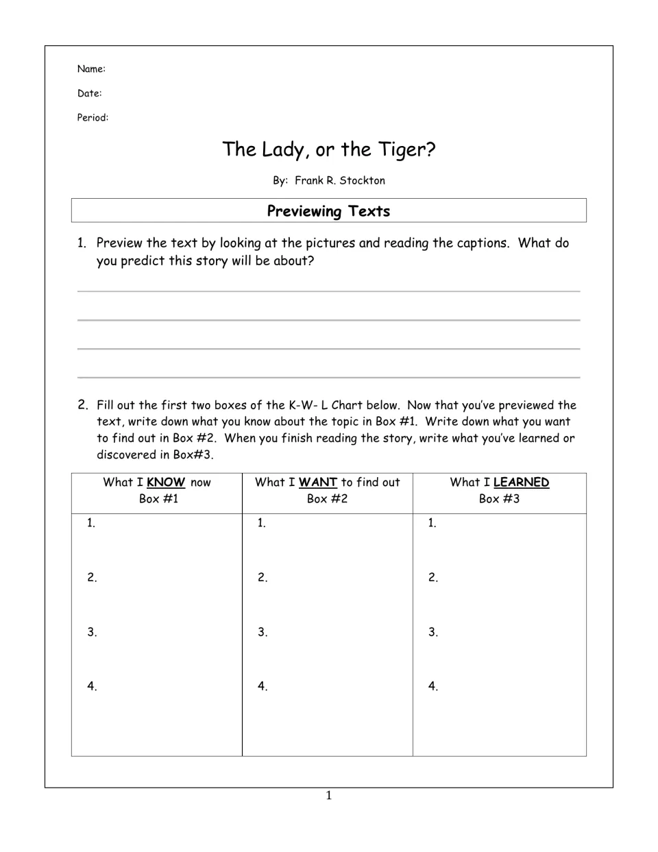 Previewing Texts for Stockton's story: students predict the plot from pictures and captions, then start a K-W-L chart