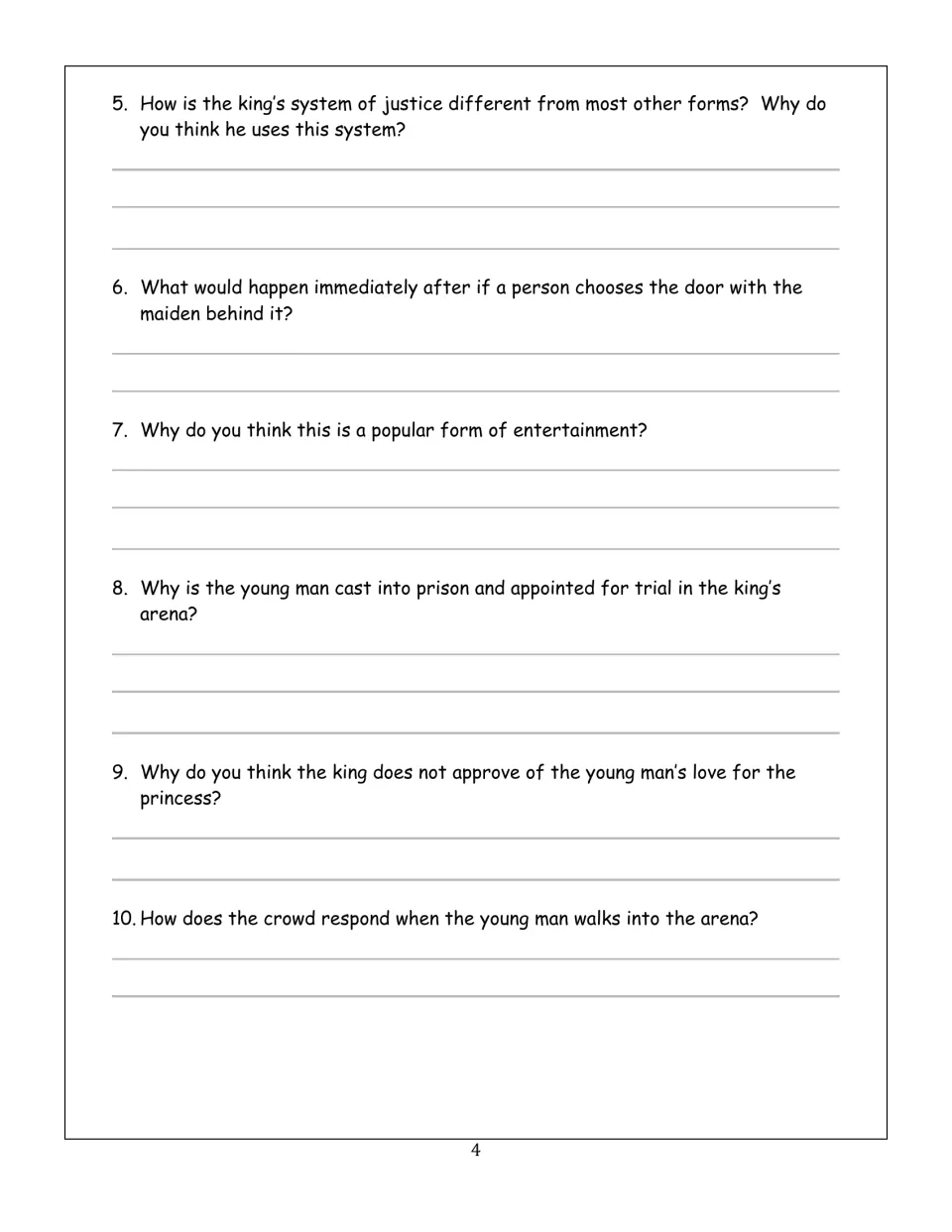 Comprehension questions 5-10 on the king's system of justice, the young man's trial and the crowd's reaction