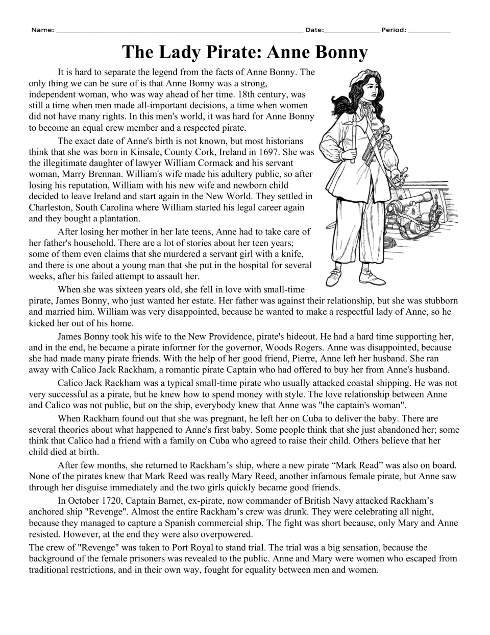 Biography passage opening: Anne Bonny's childhood in Ireland, marriages, pirate life, and capture in 1720.