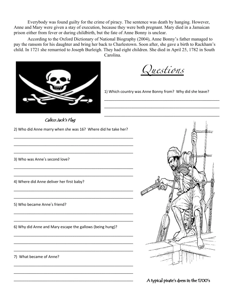 Biography conclusion and seven questions about Anne Bonny's origins, relationships, children, and fate.