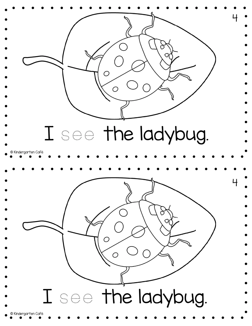 Life cycle stage 4, the adult ladybug on a leaf: students read 'I see the ladybug.' and trace the dotted word see