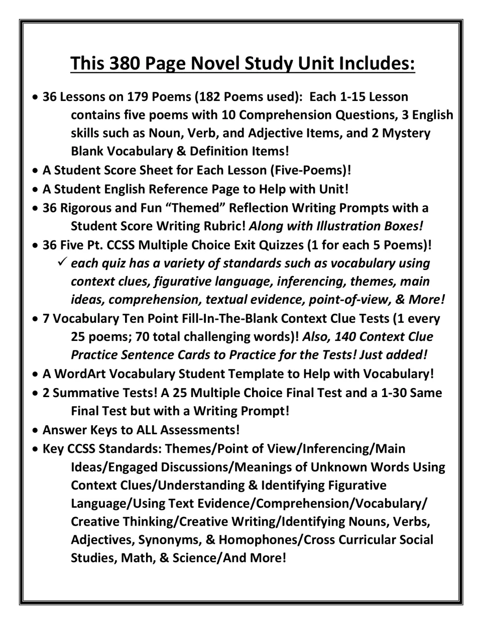 Contents list: 36 lessons on 179 poems, exit quizzes, writing prompts, 7 context clue vocabulary tests and final tests