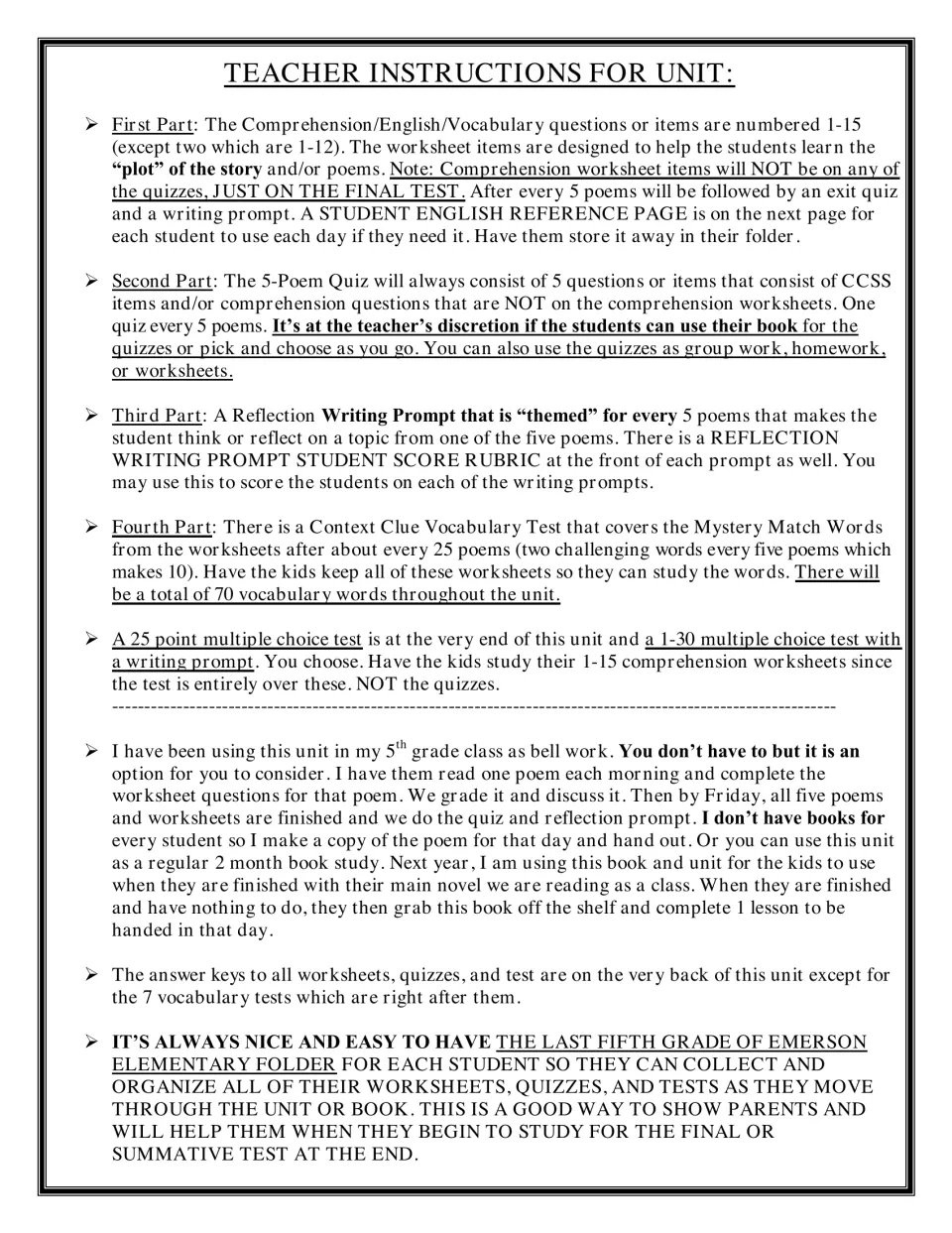 Teacher instructions explaining the 1-15 worksheets, 5-poem quizzes, reflection prompts, vocabulary tests and final test