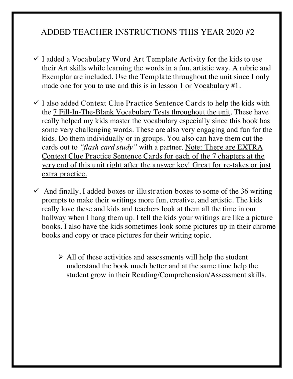 Added teacher notes on the Word Art vocabulary template, context clue practice cards and illustrated writing prompts