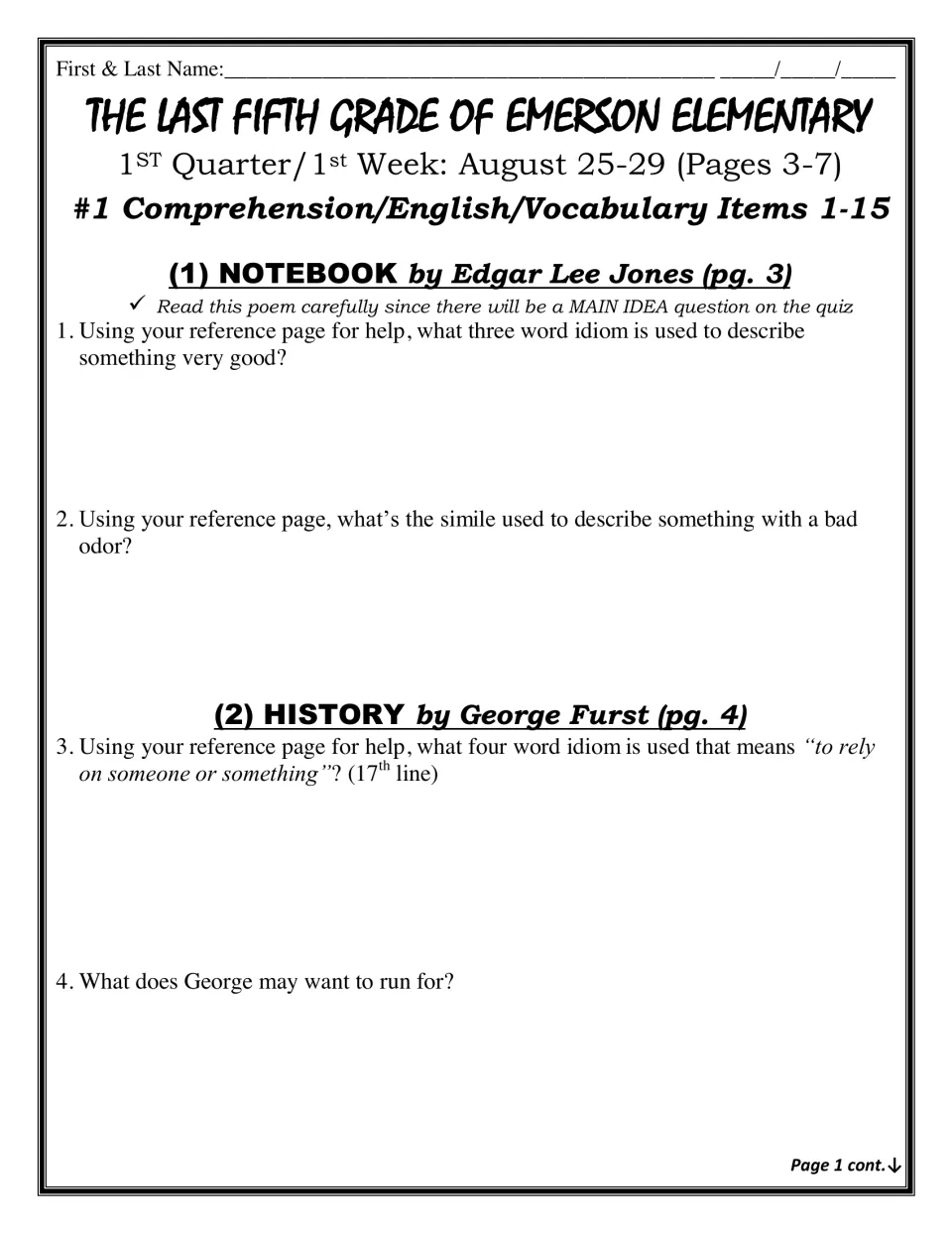 Lesson 1 on the poems Notebook and History: students identify idioms and a simile and answer a recall question