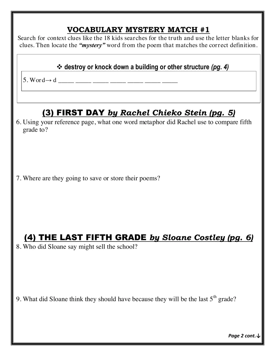 Mystery Match word meaning destroy a building, then questions on the poems First Day and The Last Fifth Grade