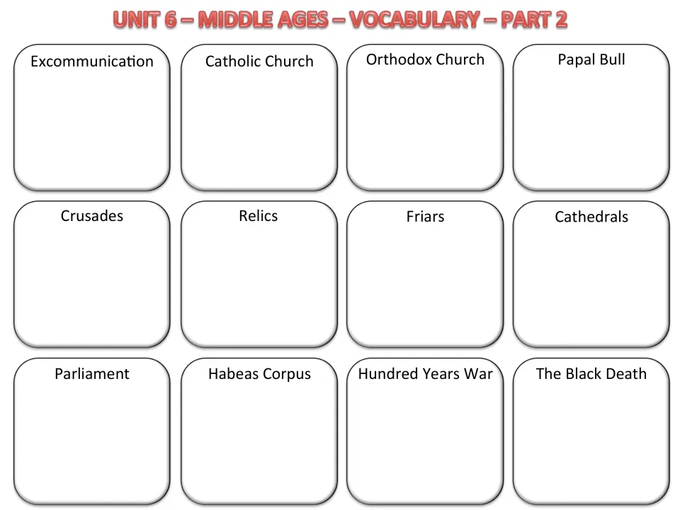 Vocabulary part 2: students fill in a space for each of 12 unit terms, from excommunication to the Black Death