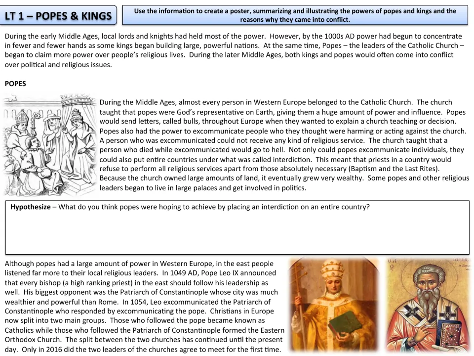 Popes and kings reading on papal power, interdiction and the 1054 church split; students hypothesize and make a poster