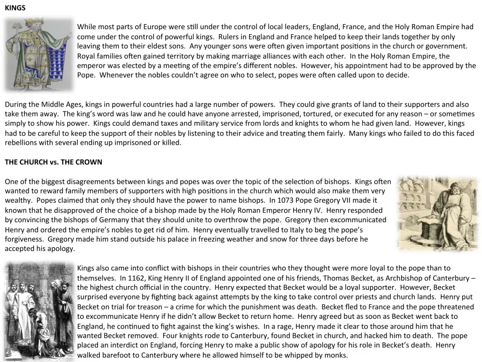 Reading on royal powers and church vs. crown clashes: Gregory VII and Henry IV, and Henry II's conflict with Becket