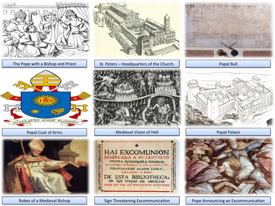 Church power picture set: pope, St. Peter's, papal bull, coat of arms, papal palace, hell and excommunication scenes