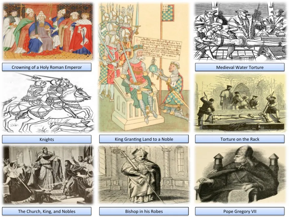 Royal power pictures: crowning of a Holy Roman Emperor, a king granting land, knights, the rack and Pope Gregory VII