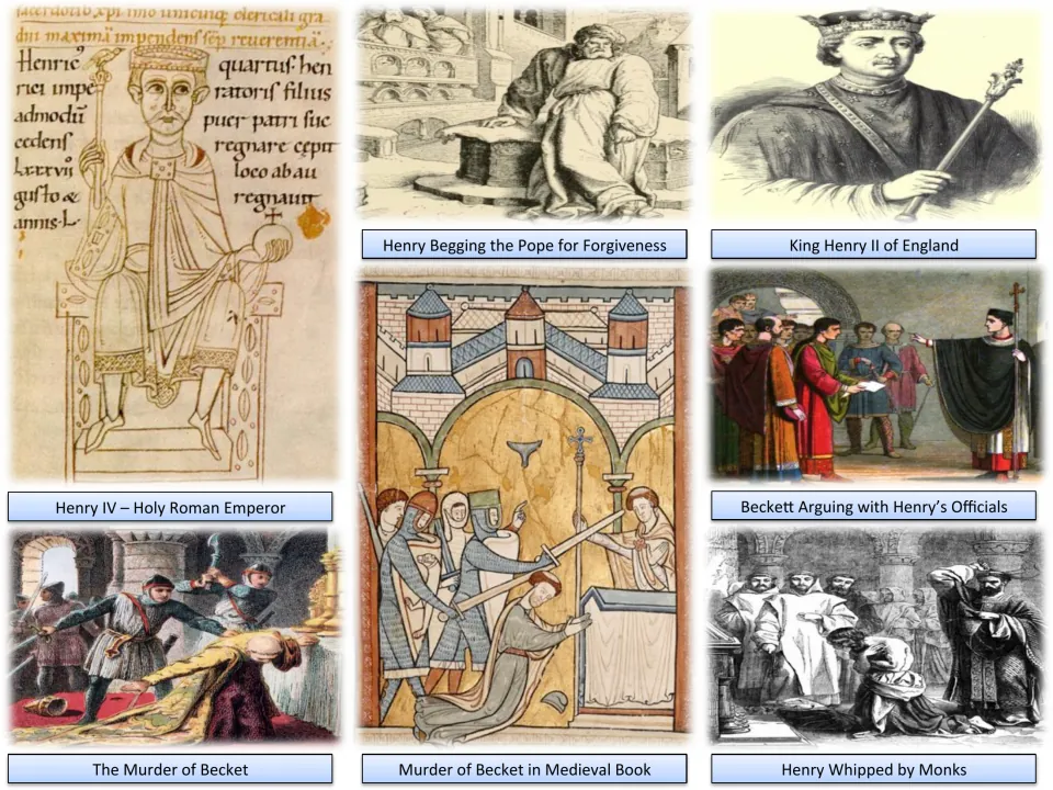 Henry and Becket pictures: Henry IV begging forgiveness, King Henry II, Becket's murder and Henry whipped by monks