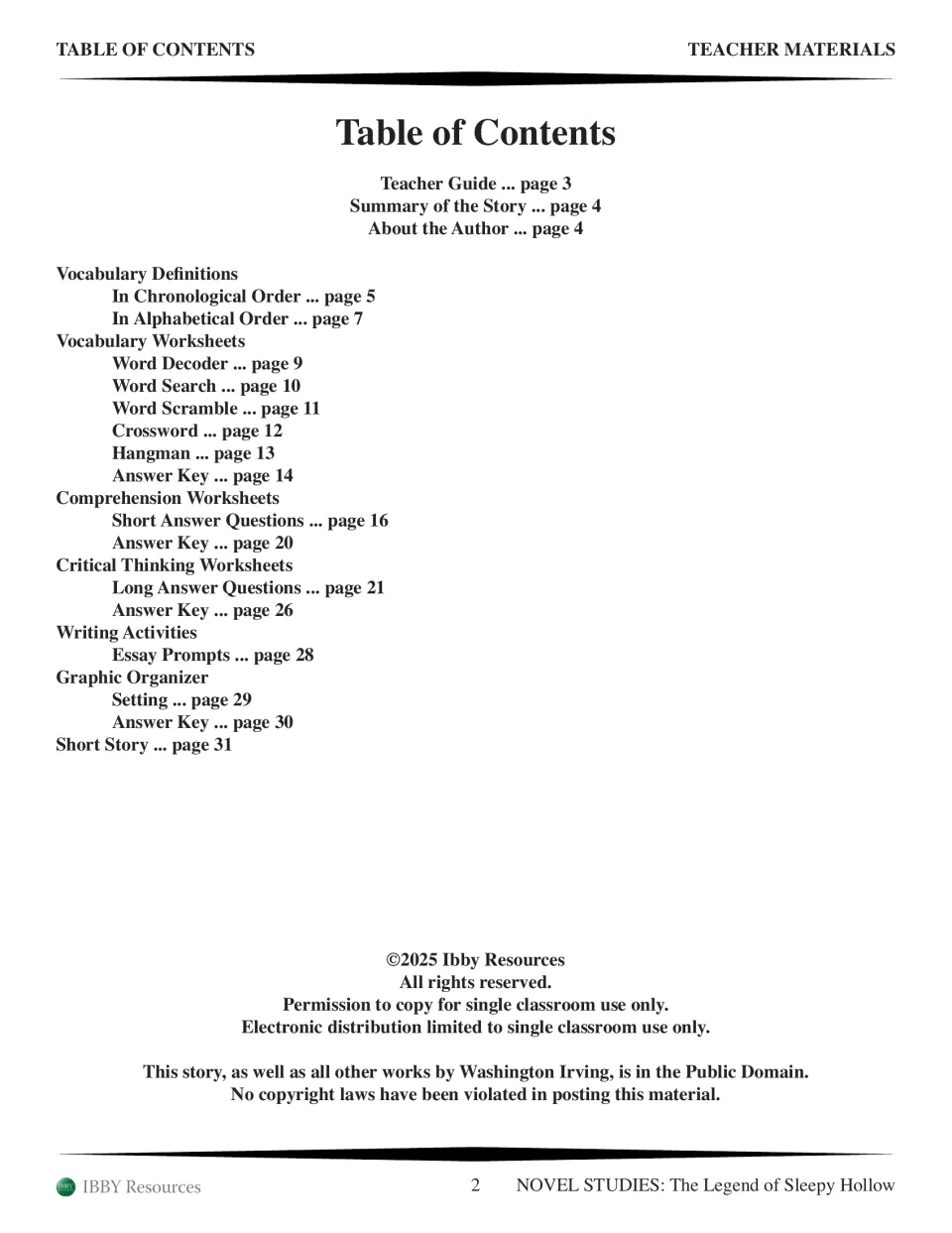 Table of contents listing teacher guide, vocabulary, comprehension, critical thinking, essay prompts, organizer and story