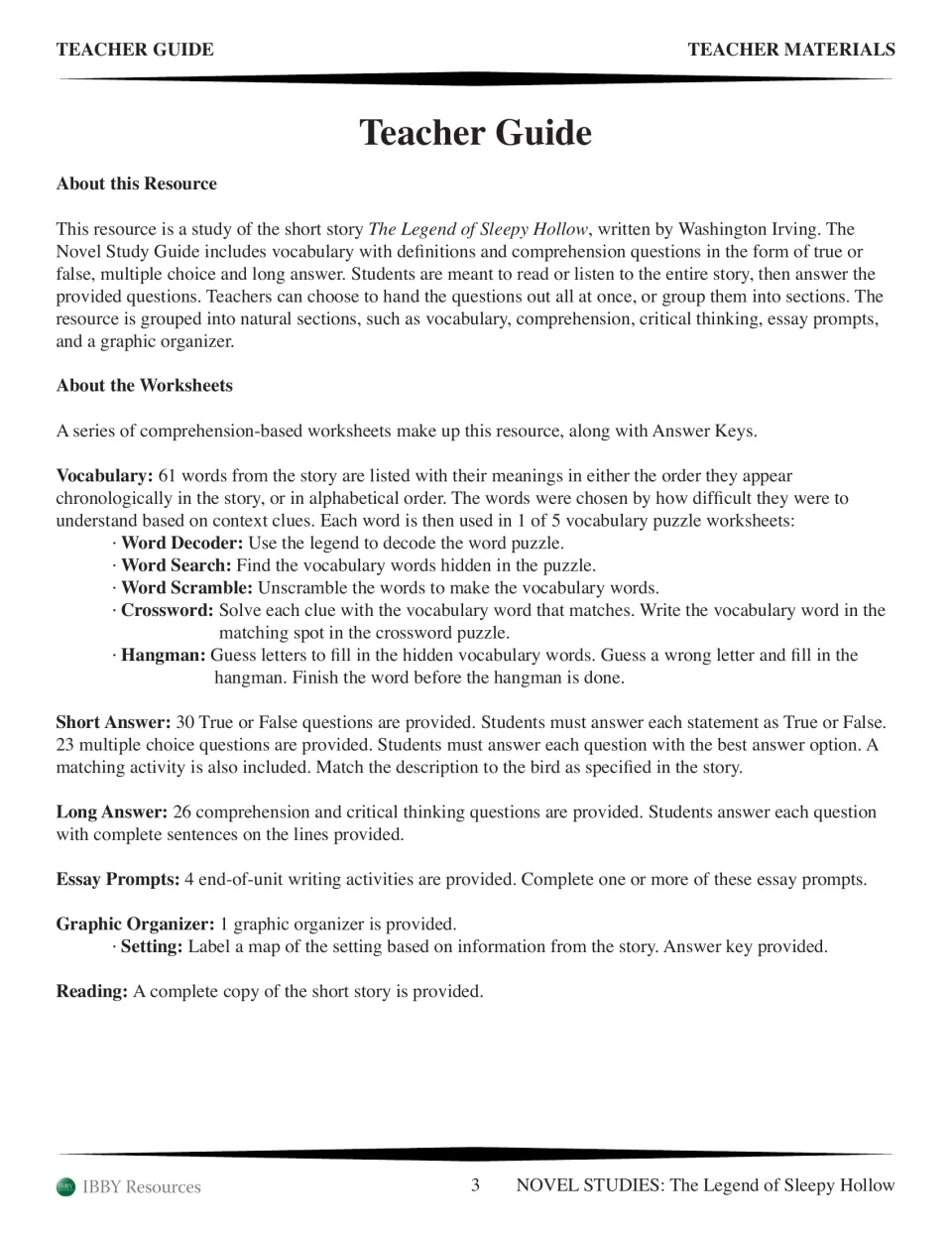 Teacher guide explaining the resource: vocabulary puzzles, true or false, multiple choice, long answer, essays and a map