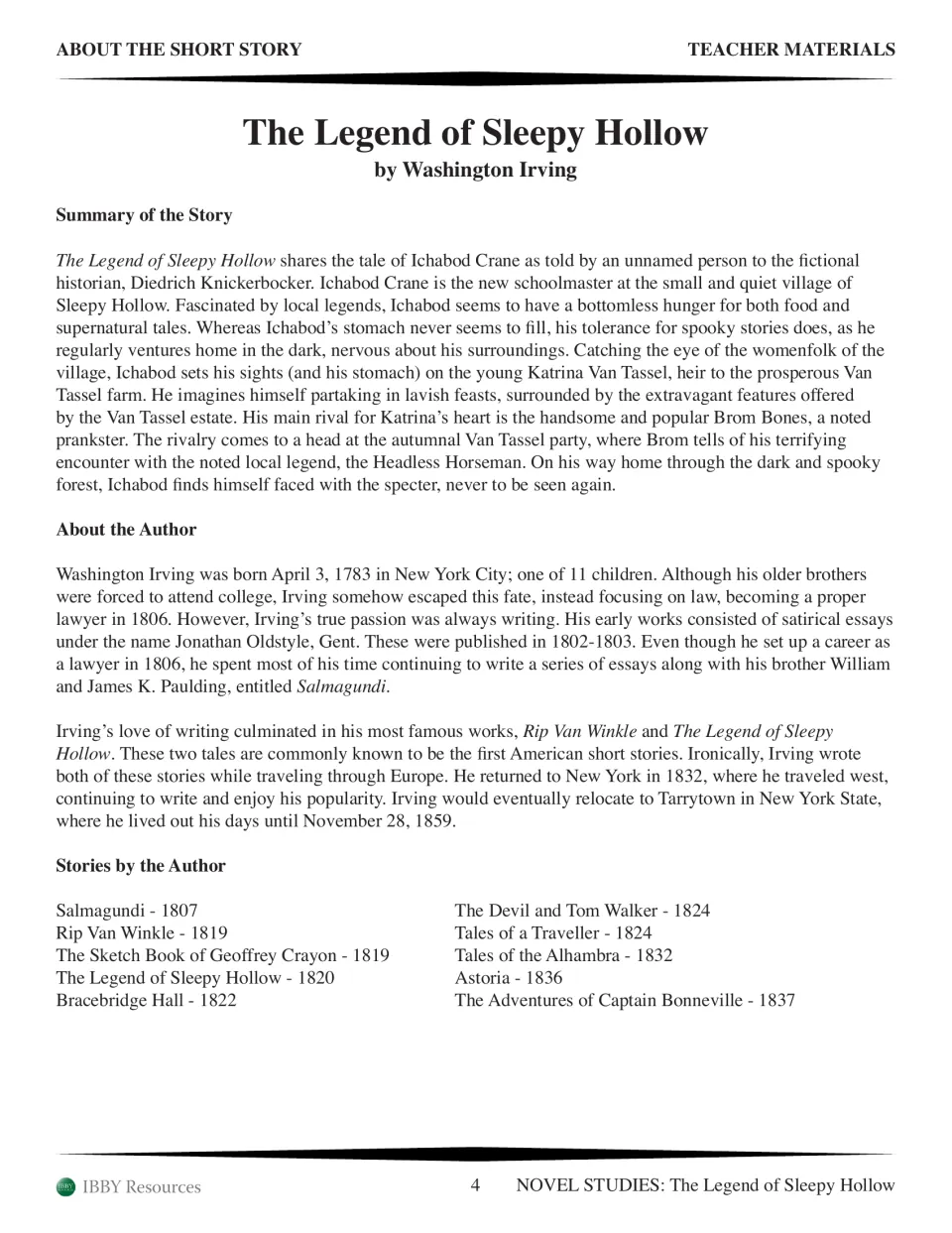 Story summary of Ichabod Crane and the Headless Horseman, plus an author biography of Washington Irving and his works
