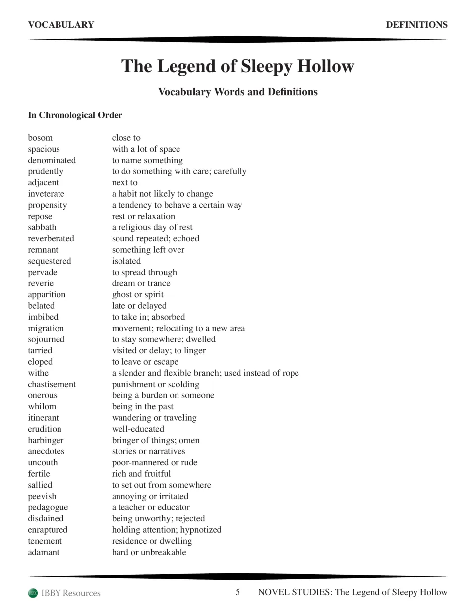 Vocabulary list of story words with definitions, such as bosom, spacious and prudently, in order of appearance