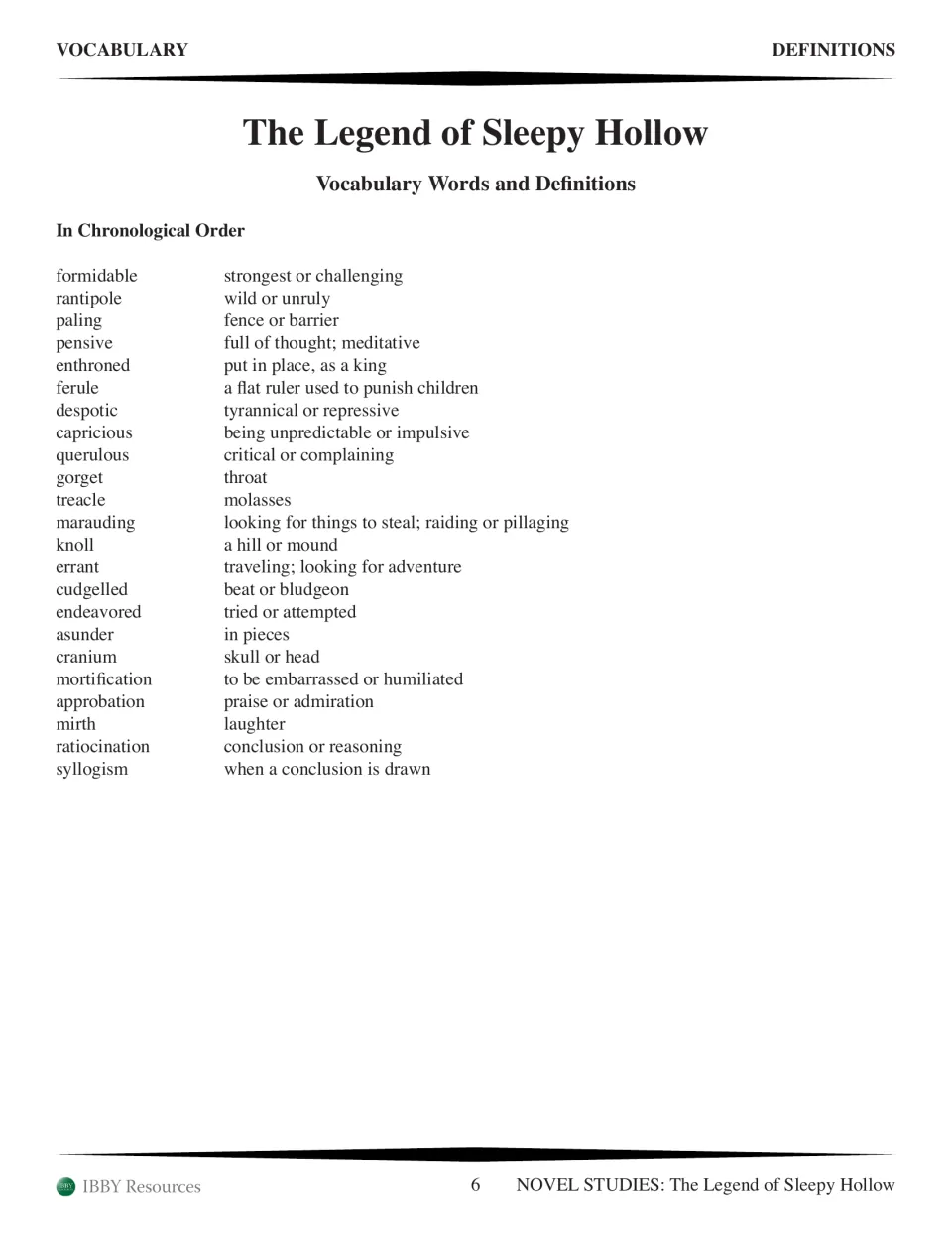 Vocabulary words and definitions in story order continued, from formidable and rantipole through ratiocination and syllogism