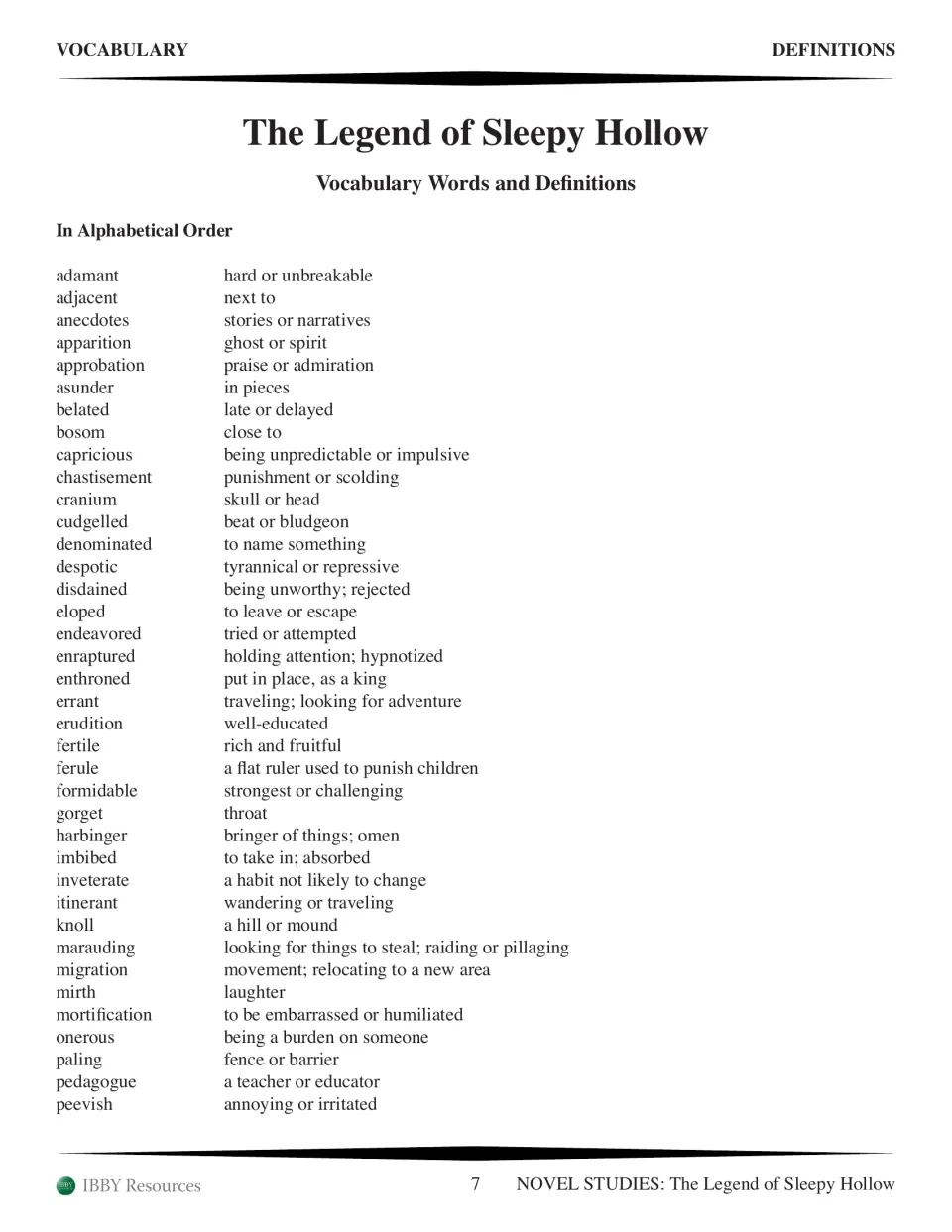 Vocabulary words and definitions in alphabetical order, from adamant and adjacent through peevish