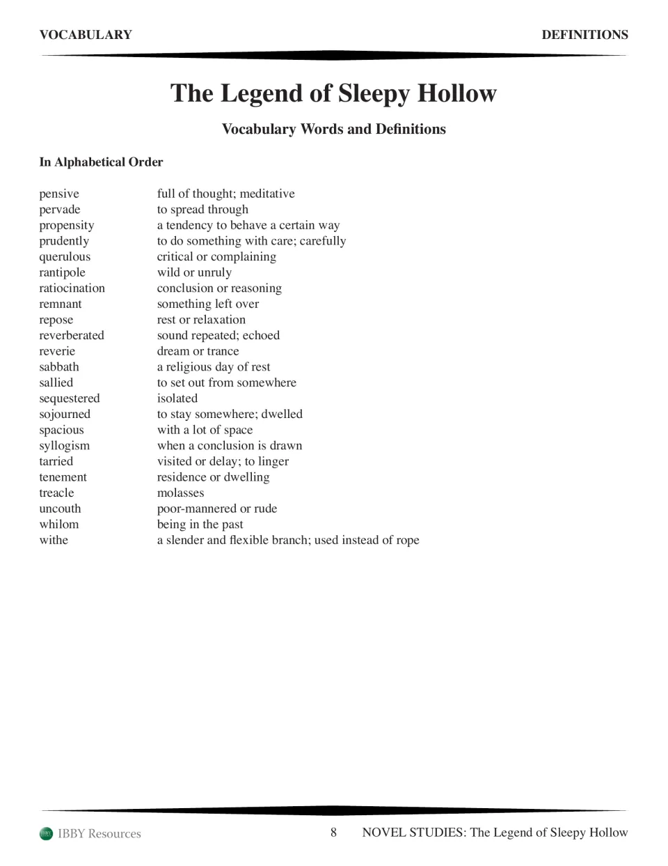 Alphabetical vocabulary list continued with definitions, from pensive and pervade to whilom and withe