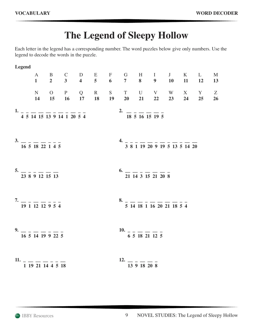 Word decoder puzzle: students use a letter-number legend, A=1 to Z=26, to decode 12 vocabulary words from number codes