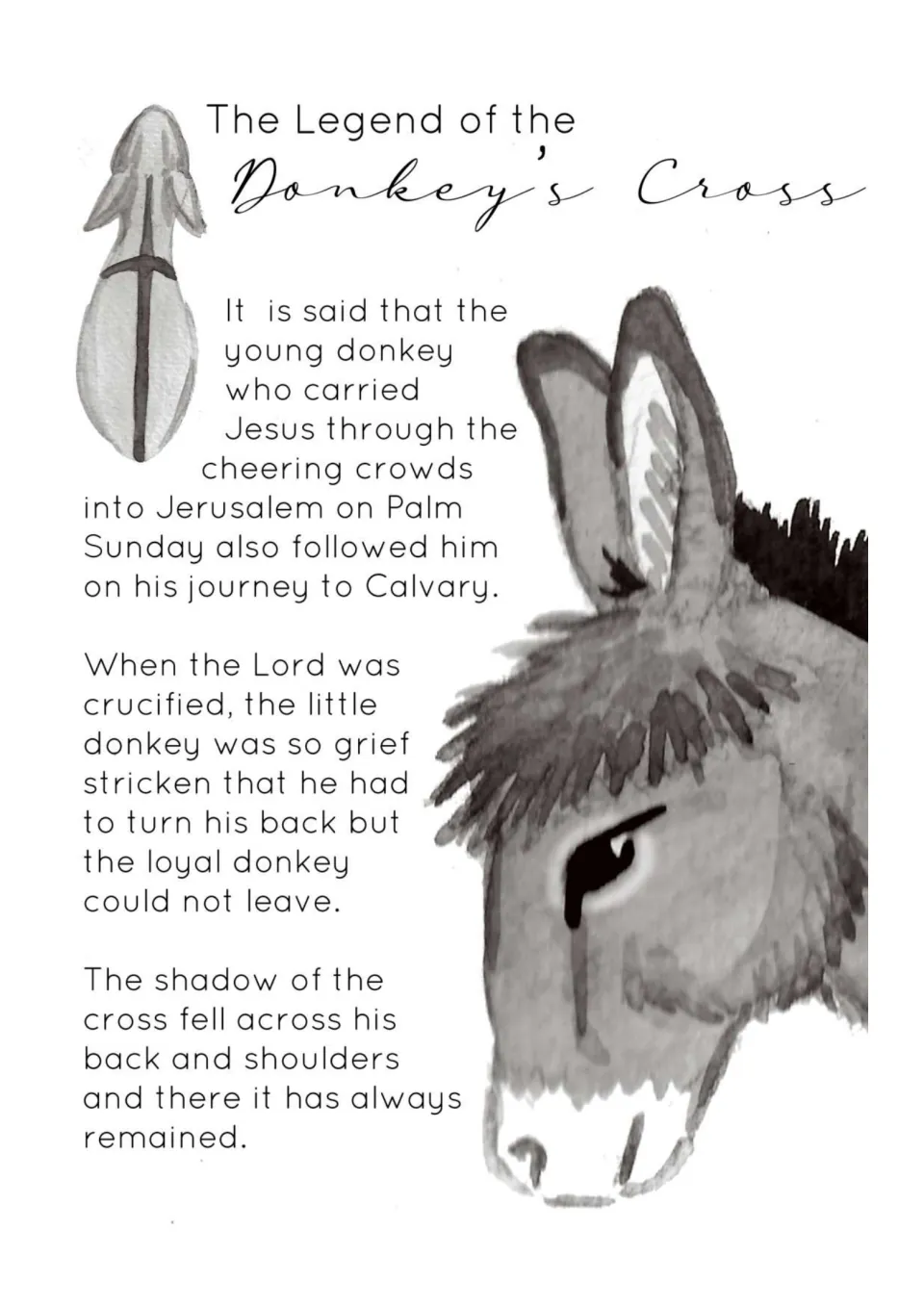 Story poster recounting how a donkey followed Jesus to Calvary and received a cross on his back and shoulders.