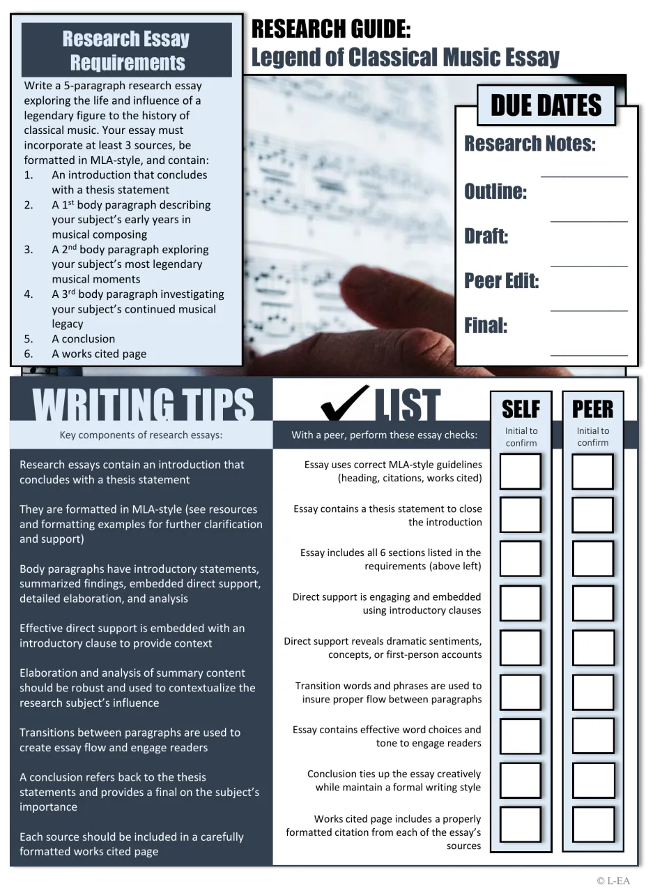 Classical music research essay guide: 5-paragraph requirements, due dates, writing tips and a self and peer checklist