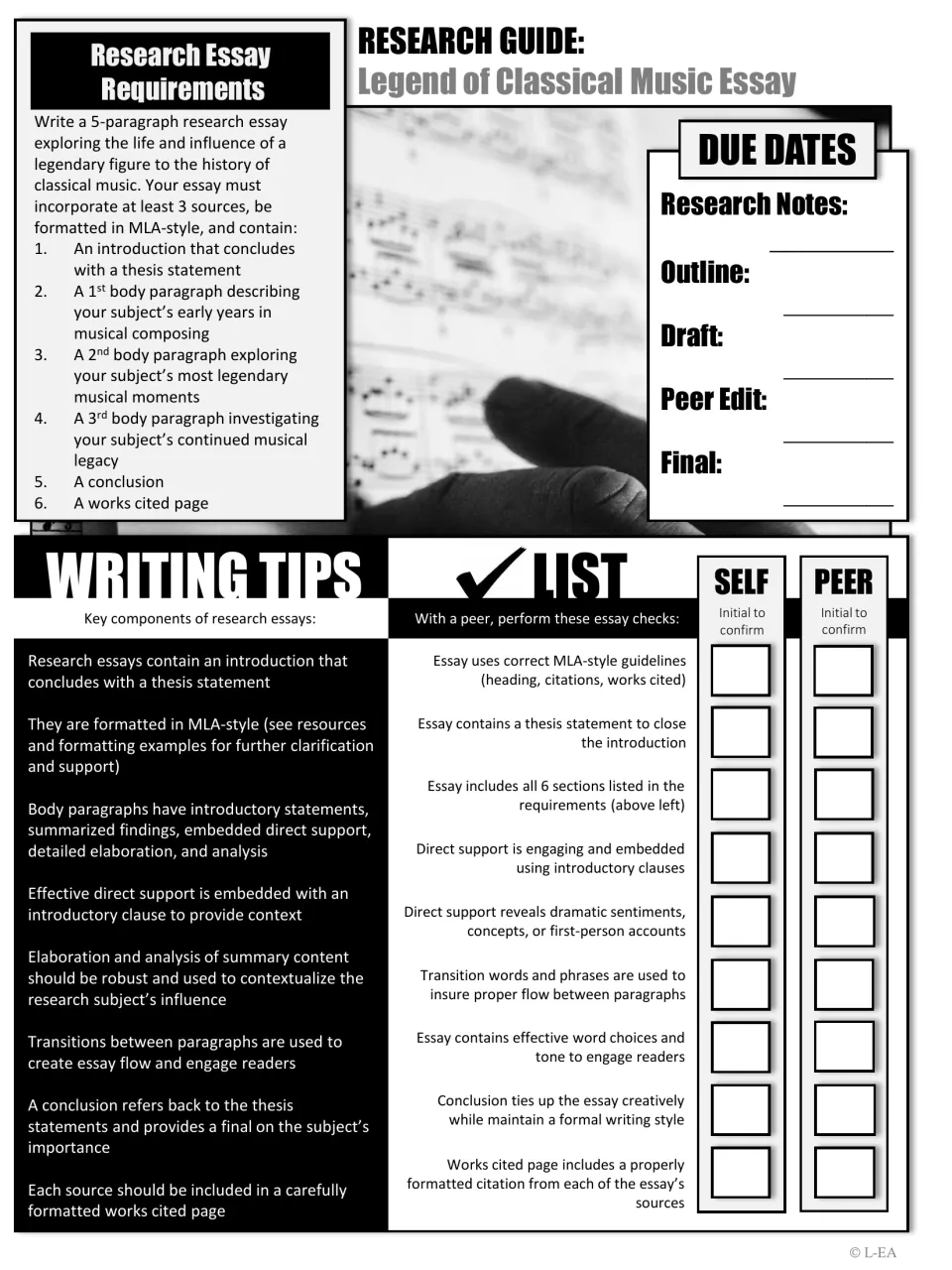 Black-and-white version of the essay guide listing 6 required sections, MLA tips and a self and peer editing checklist