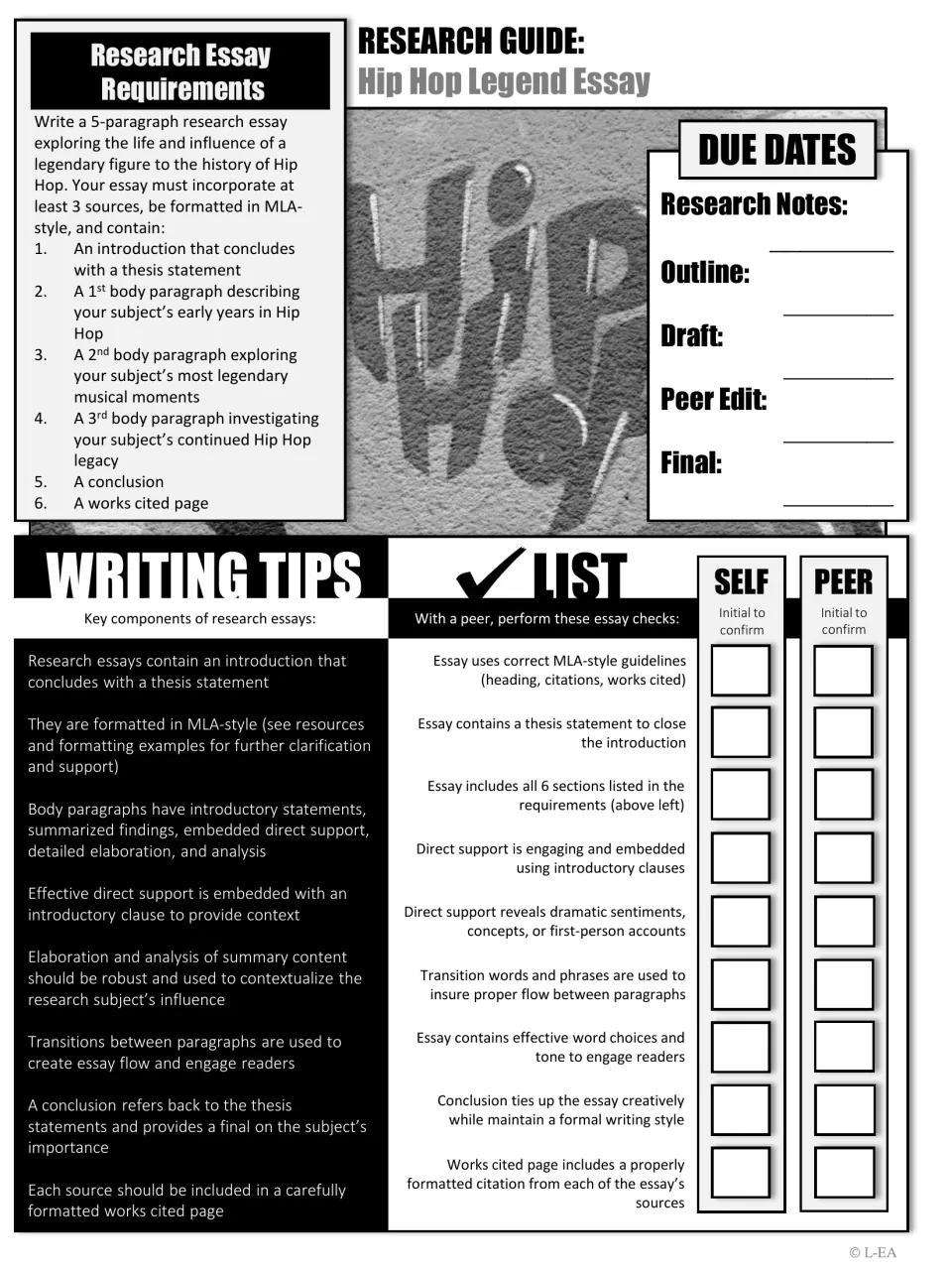 Black-and-white Hip Hop legend essay guide listing requirements, due dates, writing tips and a self and peer checklist