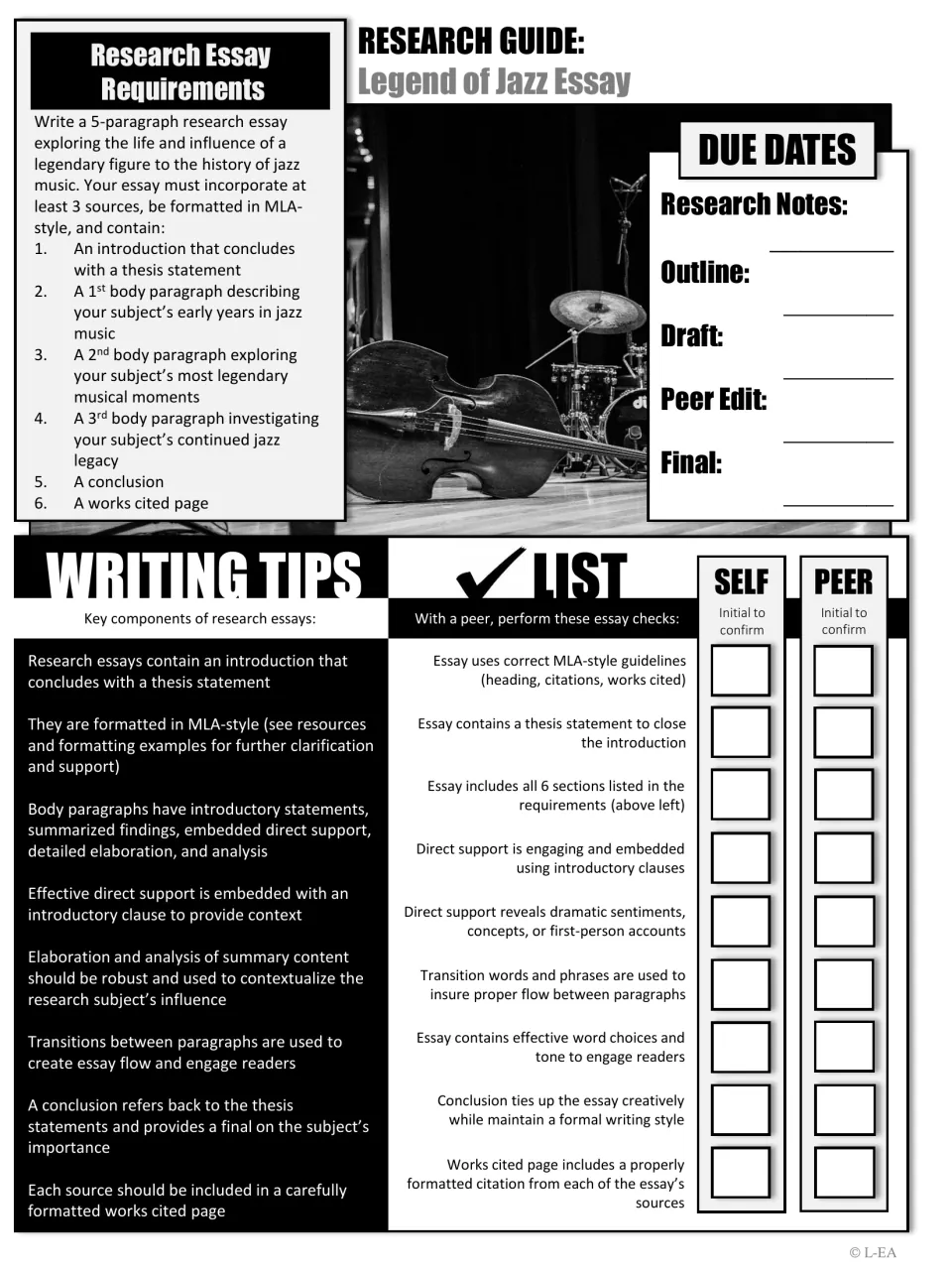 Black-and-white jazz essay guide includes five-paragraph requirements, MLA reminders, and revision checks.
