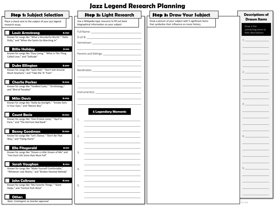 Black-and-white jazz planning includes musician selection, biographical research, and five symbolic items to draw.