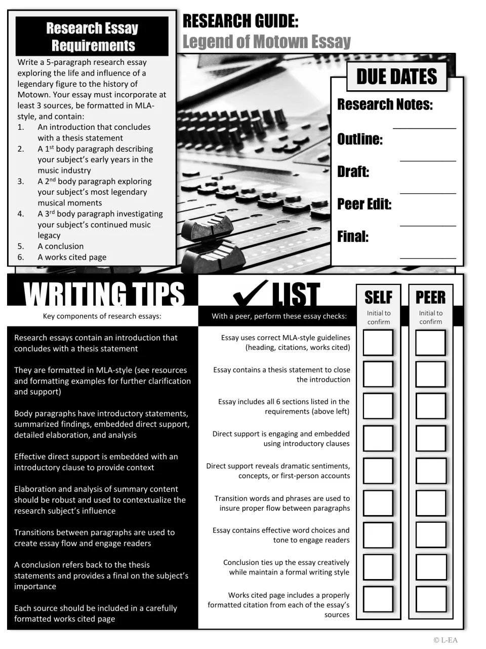 Black-and-white Motown essay guide listing the 6 required essay parts, due dates, writing tips and a peer review checklist