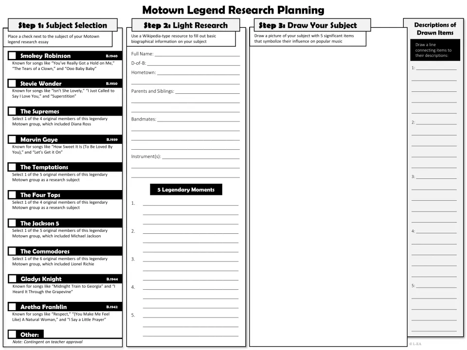 Black-and-white Motown planning sheet: pick an artist like Aretha Franklin, fill in basic biography, draw 5 symbolic items