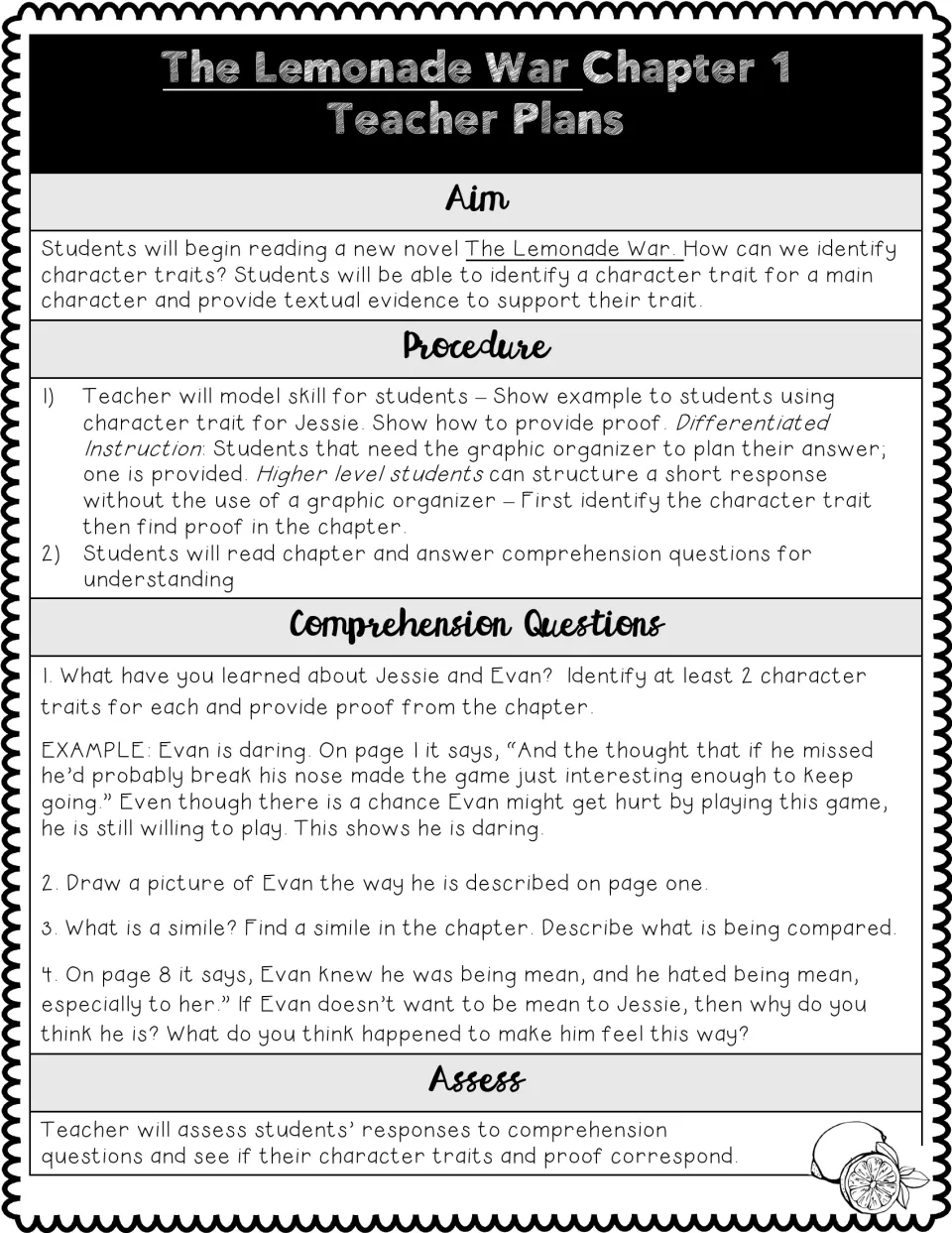 Chapter 1 lesson plan: aim, procedure and assessment for identifying character traits with text proof, plus four questions