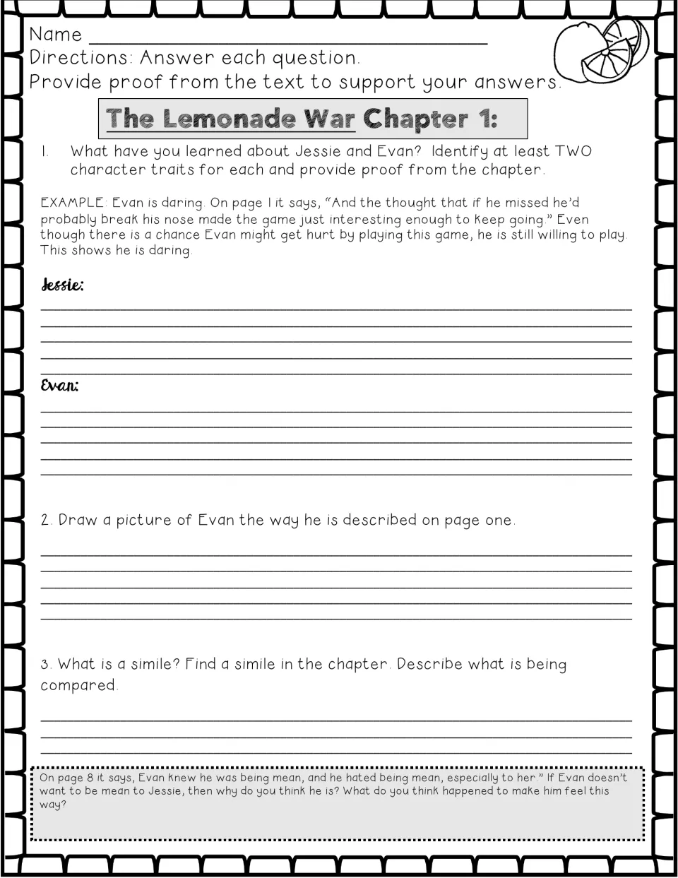 Chapter 1 questions: students name two traits each for Jessie and Evan with proof, draw Evan and find a simile