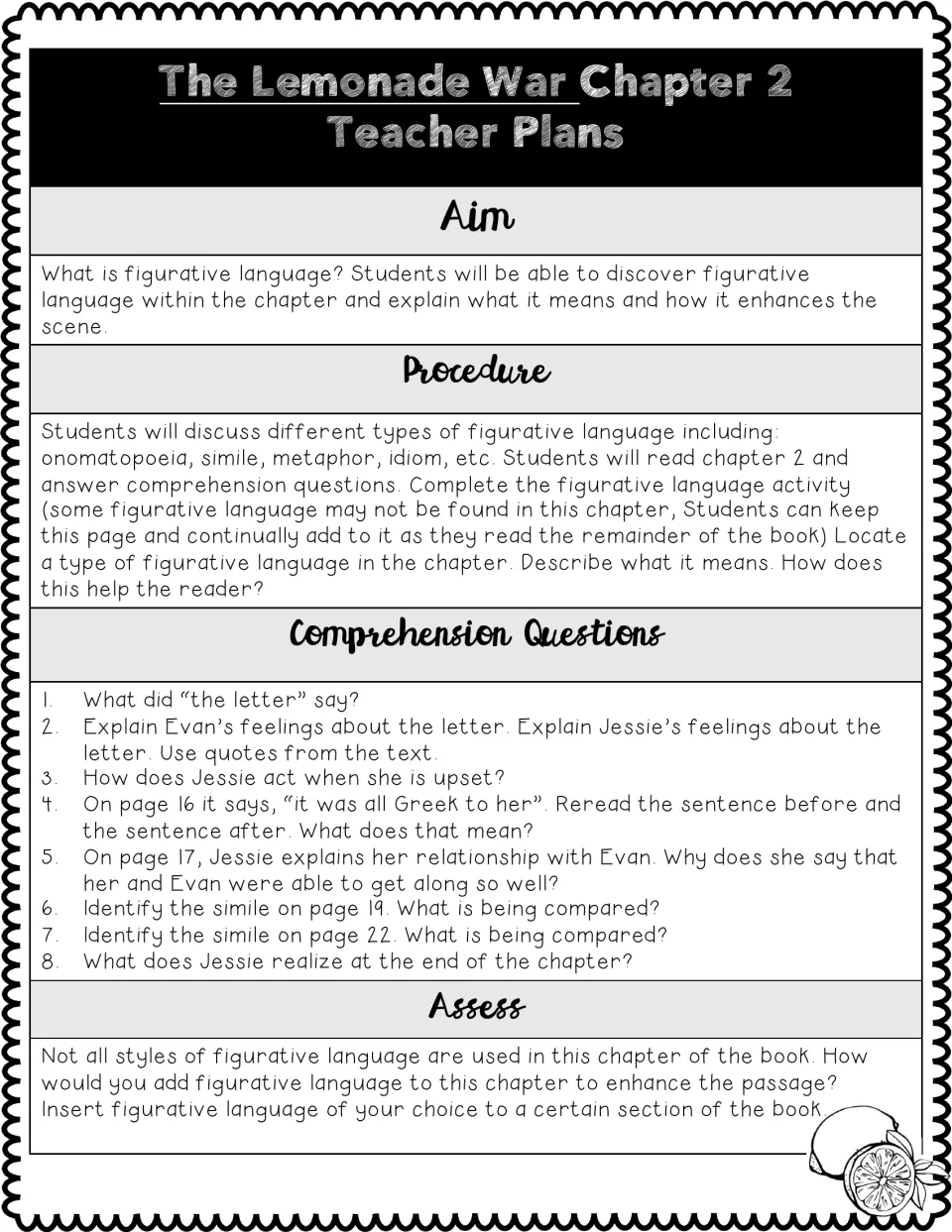 Chapter 2 lesson plan on figurative language: simile, metaphor, idiom and onomatopoeia, with eight questions on the letter