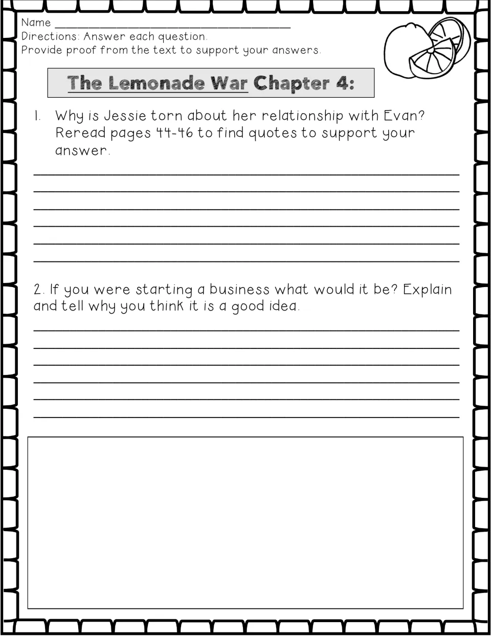 Chapter 4 questions: why Jessie feels torn about Evan using quotes from pages 44-46, then invent a business and draw its ad