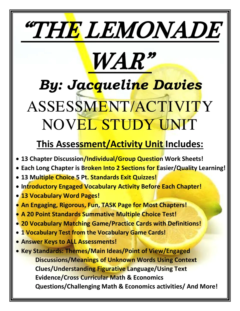 Cover of a Jacqueline Davies novel study listing chapter questions, exit quizzes, vocabulary pages, task pages and tests