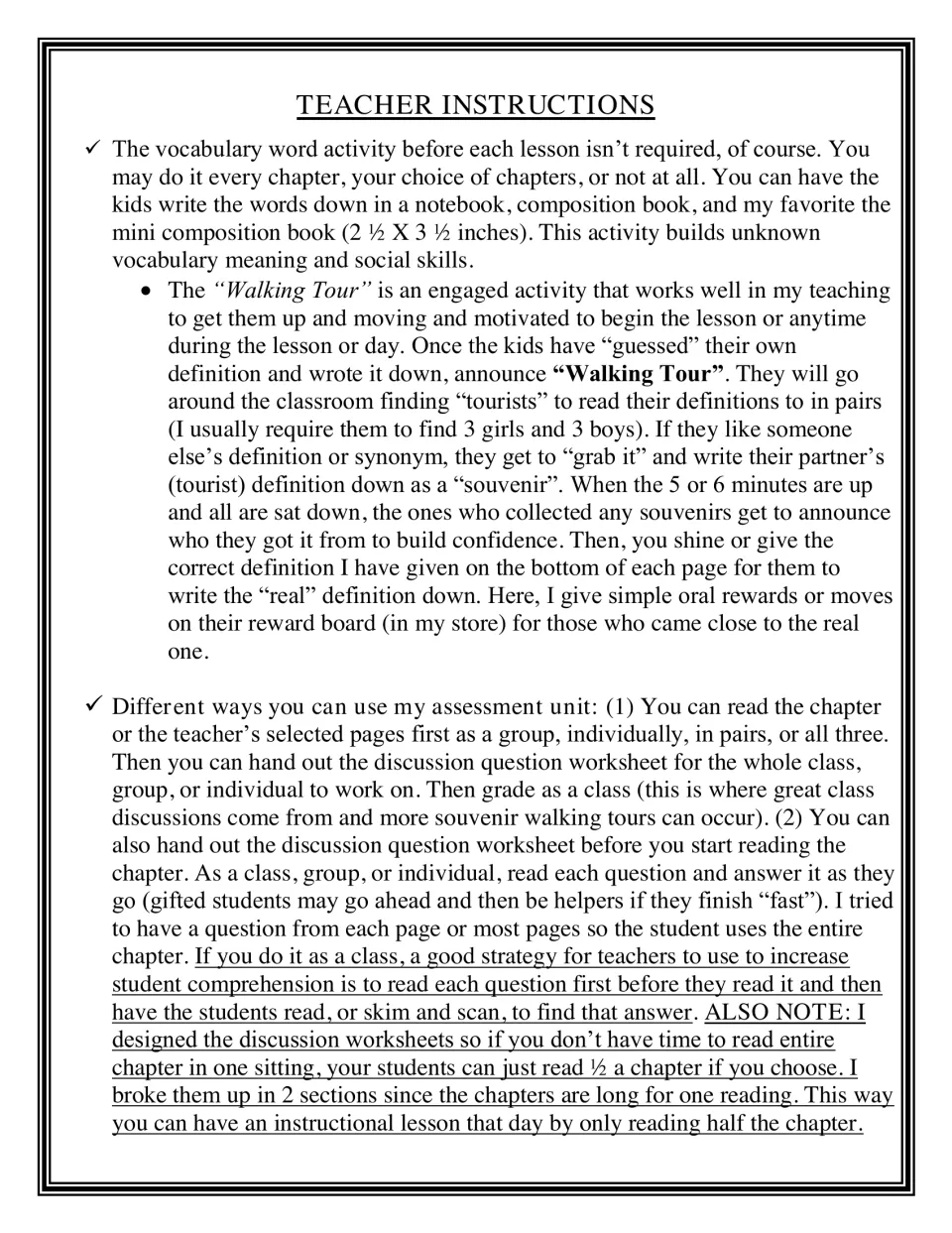 Teacher instructions for the pre-chapter vocabulary routine, the Walking Tour definition share and ways to run discussions
