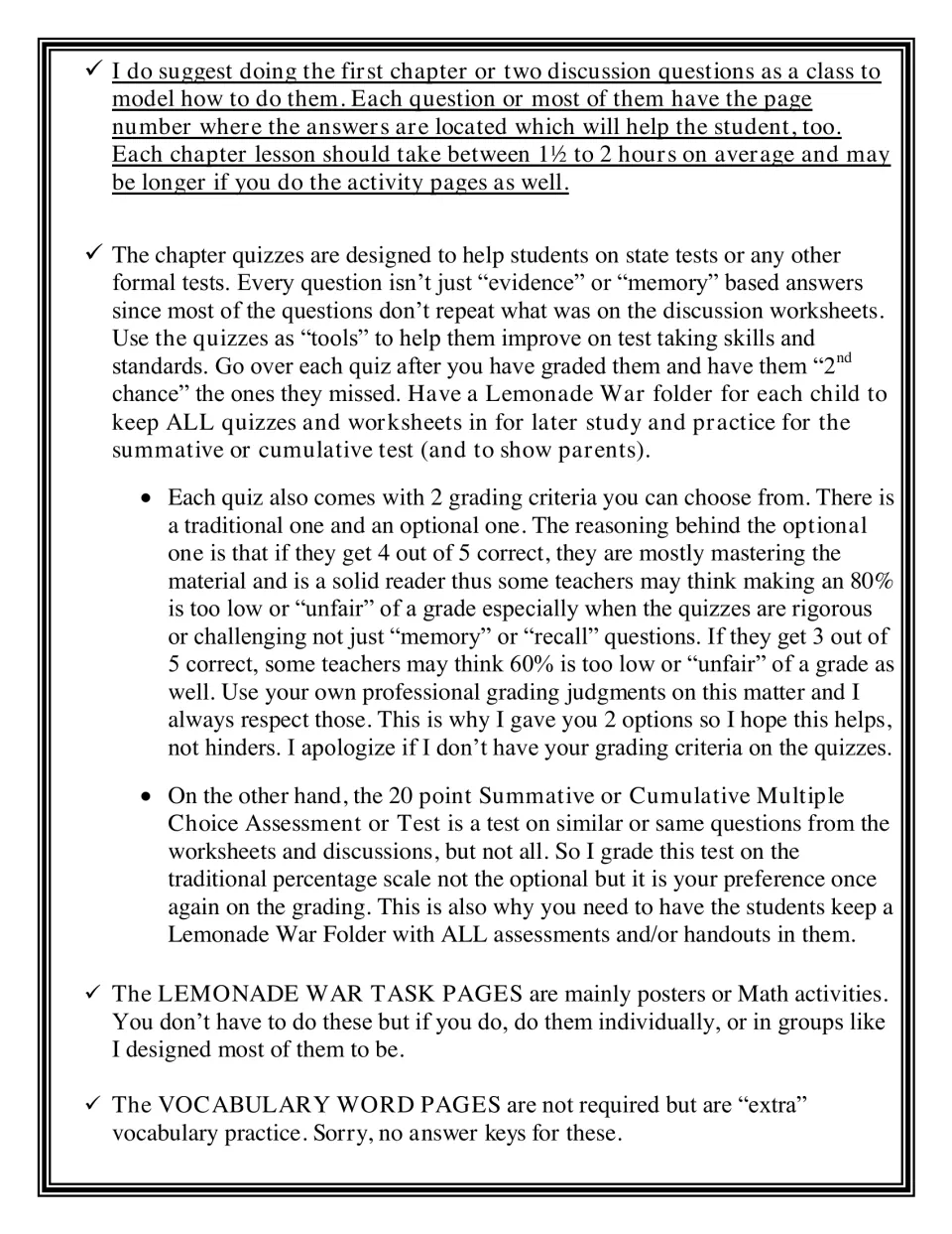 Teacher notes on modeling discussion questions, two grading scales for exit quizzes, the summative test and task pages
