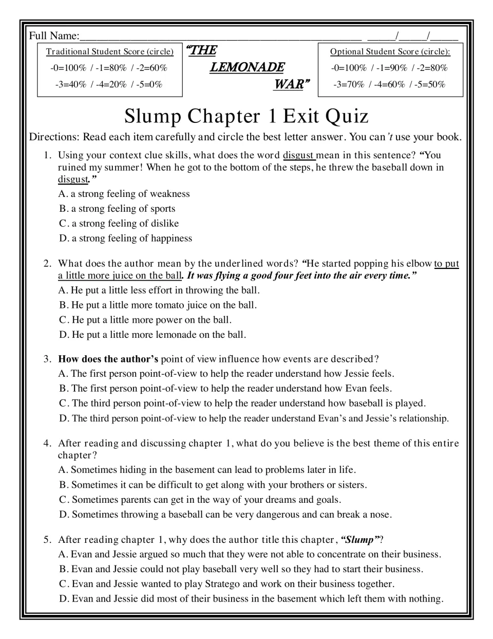Slump Chapter 1 exit quiz: five multiple-choice items on context clues, figurative language, point of view, theme and title