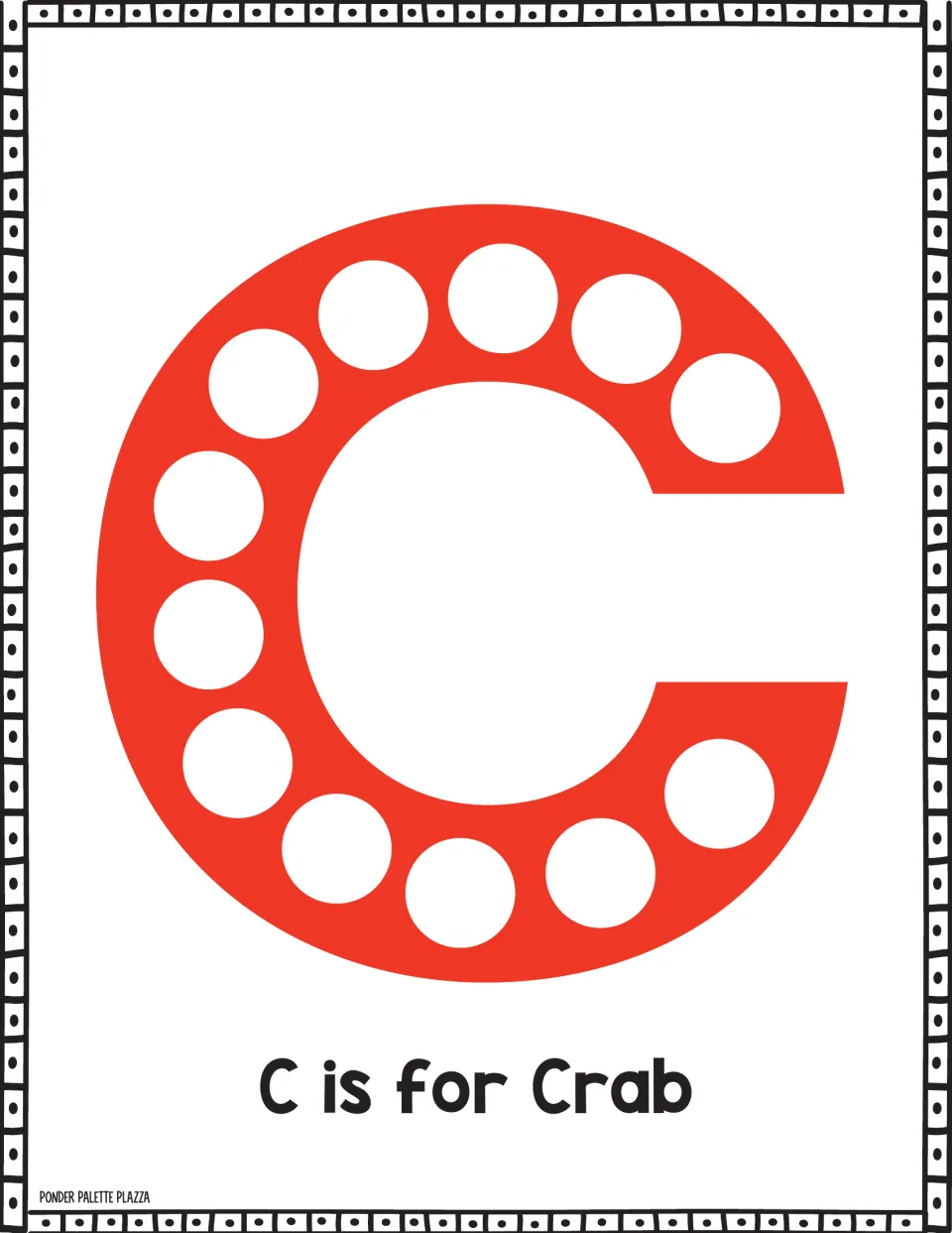 Letter C recognition, C is for Crab: students stamp a dot marker on each of the 12 white circles inside a red capital C