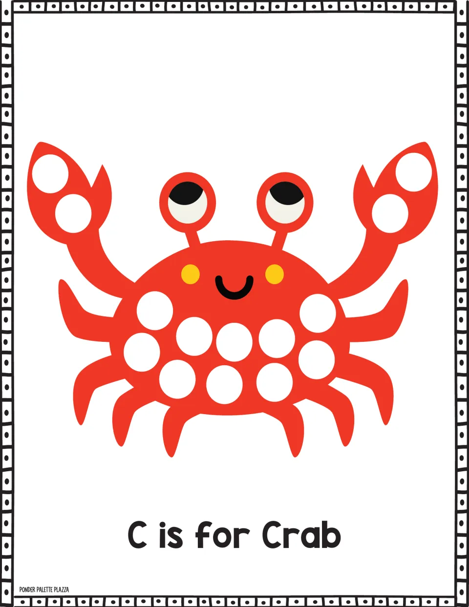 C is for Crab picture page: students dab a dot marker on the white circles across a smiling red crab's body and claws