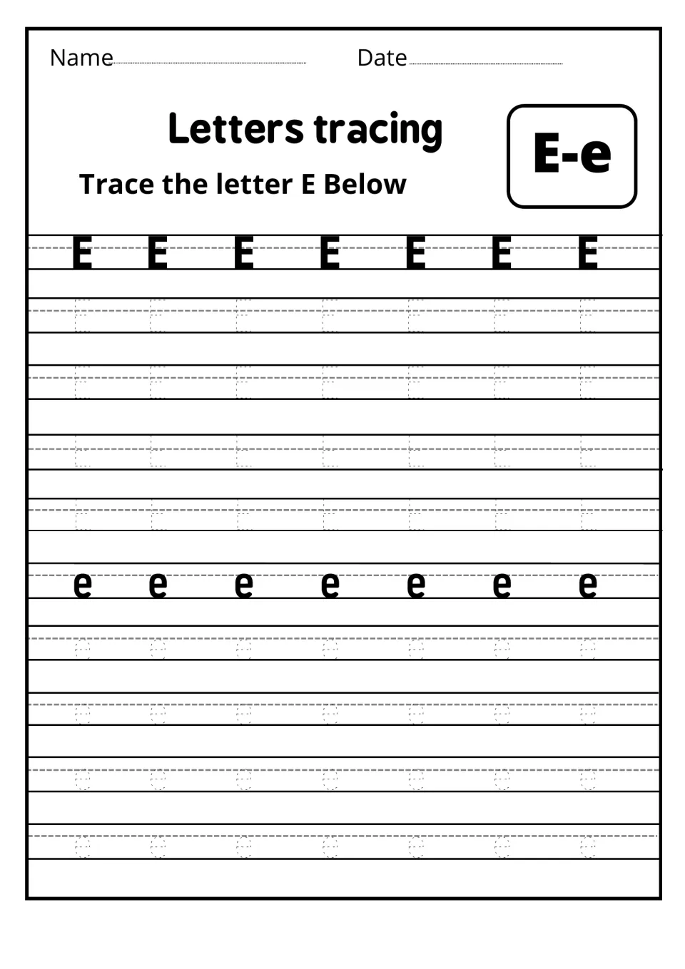 Letters tracing for E-e: students trace dotted uppercase E and lowercase e, starting from a solid model of each letter