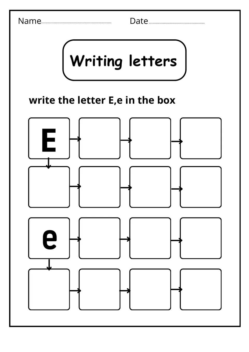 Writing letters: students copy uppercase E and lowercase e in a chain of spaces, following arrows from a printed model