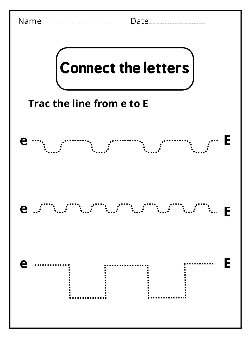 Connect the letters: students trace three dotted paths, two wavy and one squared, from lowercase e to uppercase E