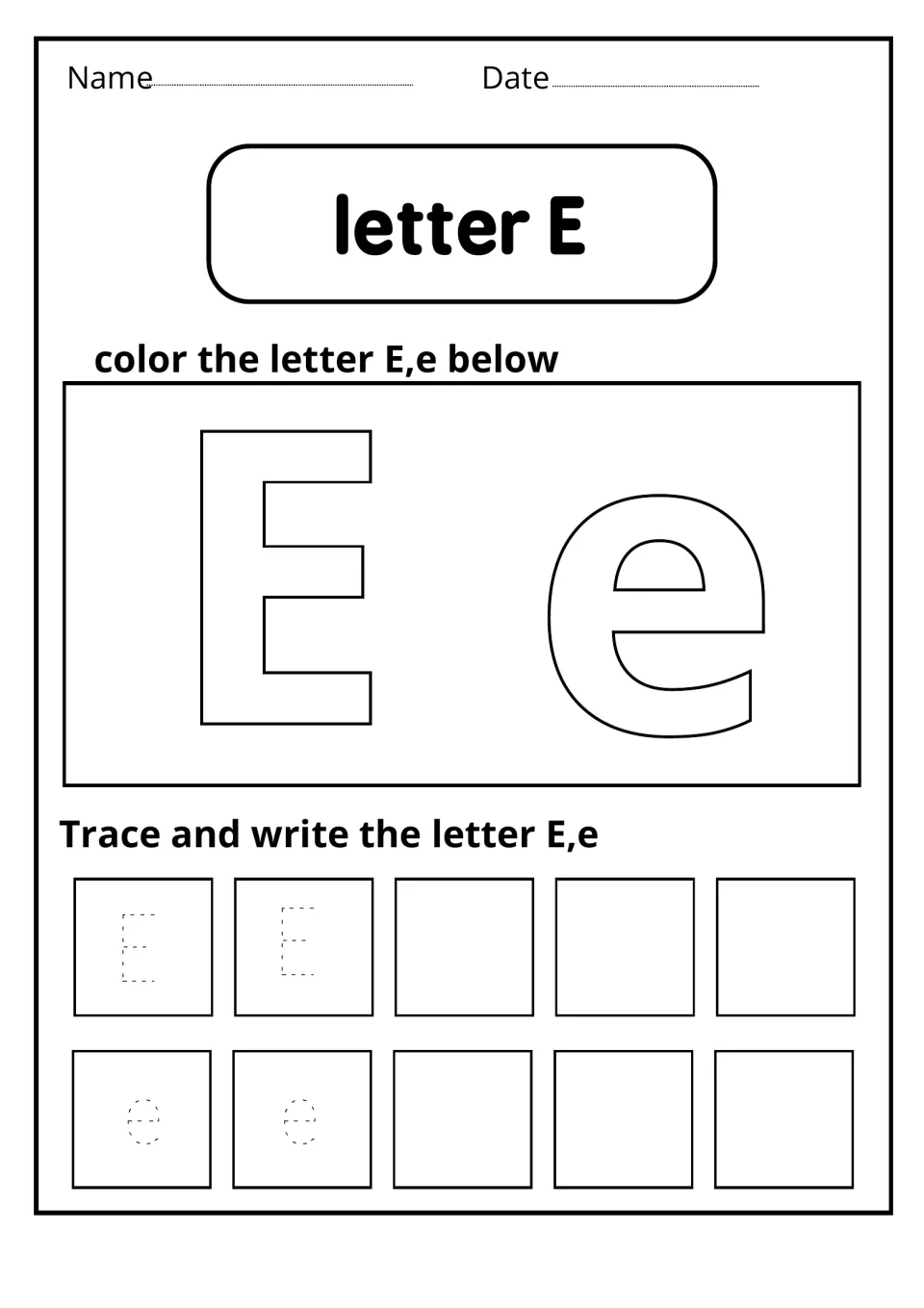 Letter E: students color large outlined E and e, then trace two dotted examples of each and write the letter on their own